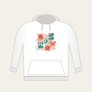 Vintage Postage Collage Hoodie in white: Vintage postage stamps with a wavy postmark in teal, cream and red.