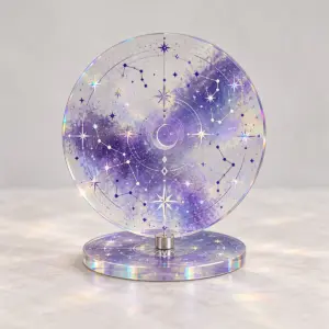 Constellation Hologram Spinning Standee with round standee face with constellation lines and tiny stars in violet and silver, Star Hologram colourway