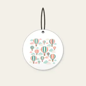 Striped Hot Air Balloons in the Clouds Ceramic Ornament in white: Striped hot air balloons drift through clouds in coral, teal and cream.