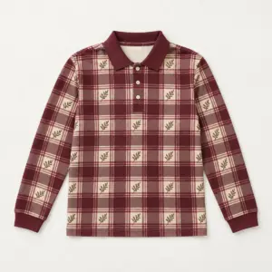 Orchard Tartan Long Sleeve Polo with all-over burgundy and cream tartan with small leaf sprigs at the intersections
