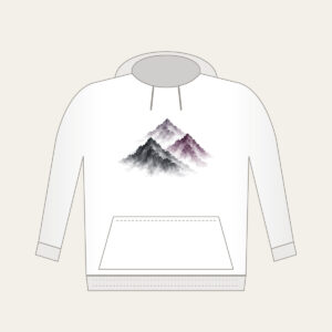 Three Overlapping Mountain Peaks Hoodie in white: Three overlapping mountain peaks in charcoal grey and muted plum, painted in a restrained brush style.