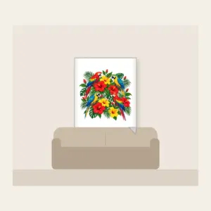 Parrots Among Red Hibiscus Fleece Blanket in white: Parrots perch among hibiscus flowers in red, green and yellow.