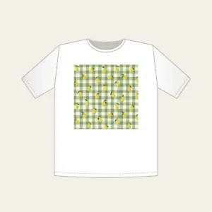Green Gingham with Scattered Pears T-Shirt in white: Green and cream gingham checks with small pears scattered between.