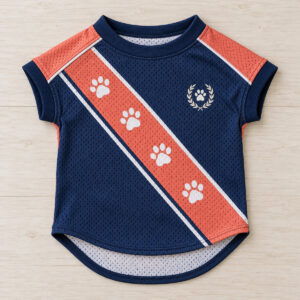 Pet soccer jersey with a coral and navy diagonal sash and small paw prints