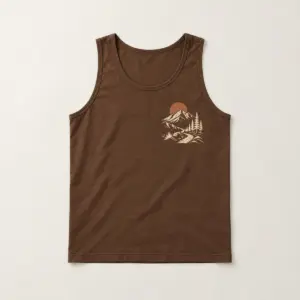 Brown Mountain Trail Men's Tank with compact front chest panel print of a mountain trail and sun in cream and rust