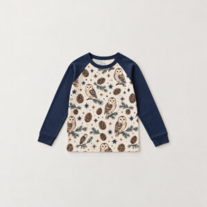 Pinecone Pals Kid Long Sleeve Raglan Pajamas with all-over repeat of pinecones, owls and stars in brown, cream and navy on a long-sleeve raglan top