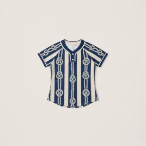 Nautical Knot Two-Button Baseball Jersey with all-over rope knots and stripes in navy and cream