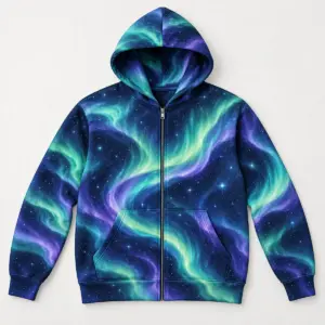Northern Lights Fleece Zip Hoodie with flowing aurora bands in green, teal and violet over a deep navy base with tiny star dots