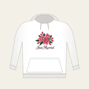 Cherry Blossoms and Just Married Wording Hoodie in white: A cluster of cherry blossoms in deep rose pink and dark green, with the words “Just Married” in dark plum below.