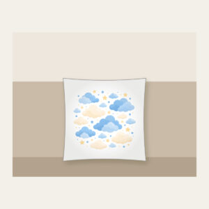 Cloudy Night Sky with Tiny Stars Pillow in white: Gentle clouds and tiny stars drift across blue and cream.