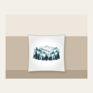 Pine Rows Fading into Mist Pillow in white: Rows of pine silhouettes recede into mist in slate, teal and white.