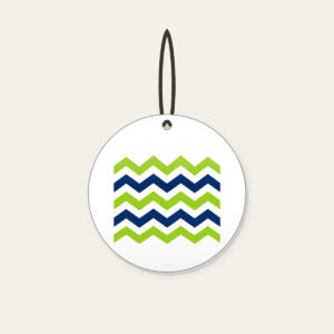 Lime and Navy Zigzag Bands Ceramic Ornament in white: Bold zigzag bands in lime, white and navy sweep across the artwork.