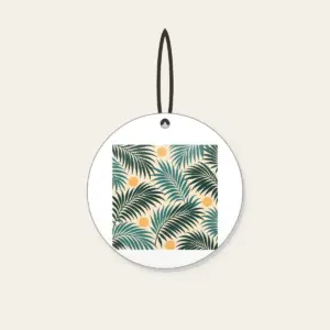 Palm Frond Shadows on Sand Ceramic Ornament in white: A repeat of palm frond shadows in teal and deep green on a sandy cream base, with small sun circles.