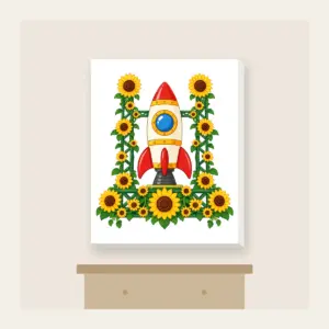 Rocket on Sunflower Launch Pad Canvas Print in white: A toy rocket stands on a launch pad built from sunflowers, ready to blast off.