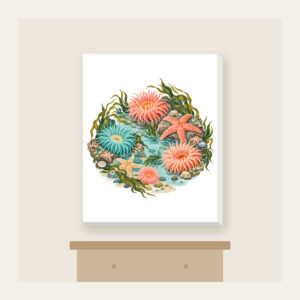 Coral Tidepool Anemones Canvas Print in white: Anemones, starfish and sea grass gather in coral, teal and sand over a pale aqua ground.