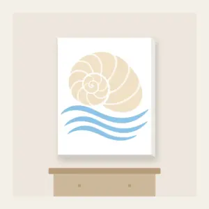 Cream Spiral Shell Over Blue Currents Canvas Print in white: A cream spiral shell above three pale-blue flowing current lines.