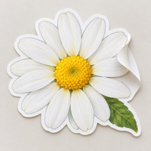 Pocket Daisy Kiss-Cut Sticker with daisy with a small leaf and a thin white border in white, yellow and green, White colourway