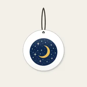 Midnight Stars and Golden Crescent Moon Ceramic Ornament in white: A midnight-blue field with small cream stars and a gold crescent moon.