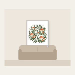 Toadstools, Ferns and Fireflies Fleece Blanket in white: Toadstools, ferns and glowing fireflies scattered in rust and cream across a deep green forest ground.