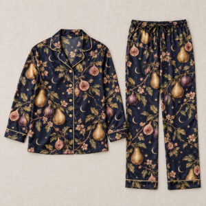 Satin pajama top and trousers printed with a moonlit orchard pattern in navy and gold