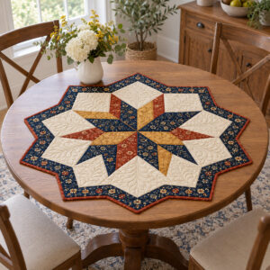 Quilt table topper with a navy and cream star patchwork medallion