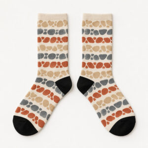 Pebble Stripe Socks with sand, slate and rust pebble stripe print with black toe and heel panels