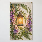 Lantern Garden House Flag with a hanging lantern surrounded by foxgloves and fern leaves in warm amber, violet and green on a pale stone ground