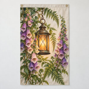Lantern Garden House Flag with a hanging lantern surrounded by foxgloves and fern leaves in warm amber, violet and green on a pale stone ground