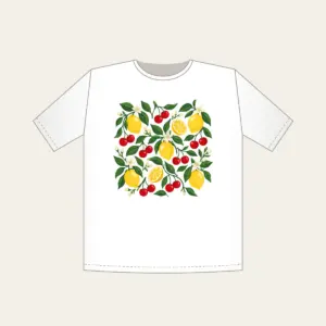 Cherry and Lemon Orchard Pattern T-Shirt in white: Cherries, lemons and leaves in red, yellow and green scattered across a cream field.