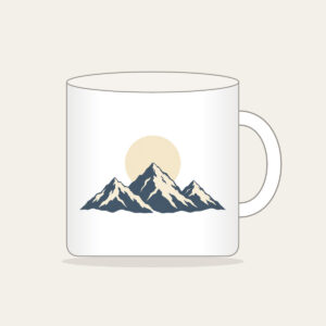 Moonrise over Three Peaks Mug in white: A round moon rises over three mountain peaks in cream and slate.