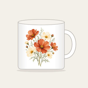 Terracotta Cosmos and Buttery Daisies Mug in white: Loose watercolor cosmos in terracotta beside buttery daisies on fine sage stems.