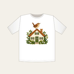Wren on the Rooftop T-Shirt in white: A small house with a wren on its roof in warm brown, cream and green.