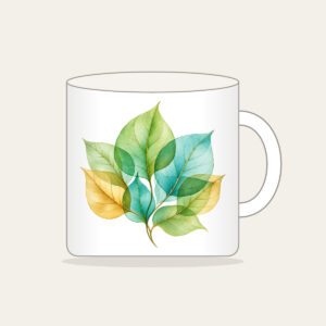 Overlapping Translucent Leaves Mug in white: Translucent leaves overlap in green, aqua and gold.