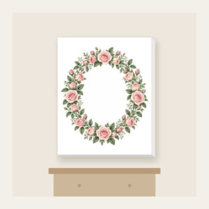 Oval Rose Wreath in Blush and Sage Canvas Print in white: An oval wreath of roses and leaves in blush and sage that leaves a quiet open space in the middle.