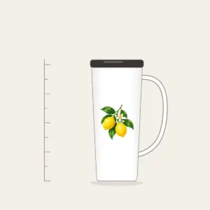 Lemon Branch in Blossom Tumbler with Handle in white: A single lemon branch carries two lemons, glossy leaves and a small blossom in lemon yellow, leaf green and cream.
