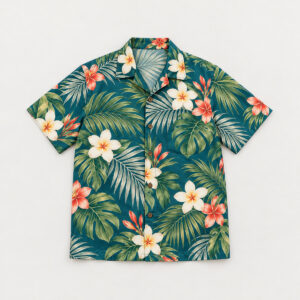Plumeria Breeze Hawaiian Shirt with plumeria blossoms and palm leaves in white, coral and green on a deep teal base