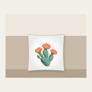 Prickly Pear with Three Coral Blossoms Pillow in white: A prickly pear cactus with three coral blossoms and fine sun rays in weathered turquoise and coral.