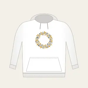 Gold Botanical Leaf and Berry Wreath Hoodie in white: A fine botanical wreath of leaves and berries drawn in dark lines on a gold ground.