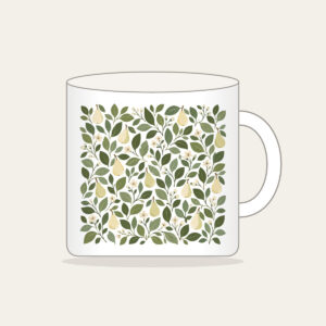 Pear and Leaf Mosaic Mug in white: Leaves and tiny pears form a mosaic in sage, olive and cream.