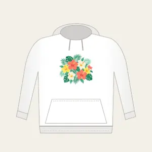 Hibiscus and Palm Sorbet Colors Hoodie in white: Hibiscus and palm leaves in coral, mint and lemon scattered over cream.