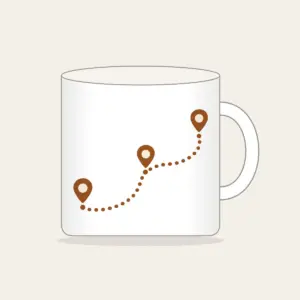 Dotted Route Linking Map Pins Mug in white: A dotted route line connects small map pins in cream on warm brown.