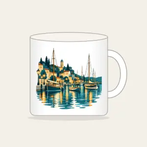 Harbour Lanterns and Masts Mug in white: Harbour lanterns, masts and ripples in teal, amber and cream.