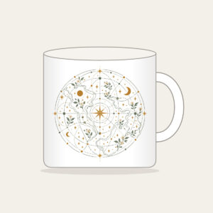 Map Lines with Blooms and Stars Mug in white: Winding map lines carry small blooms and stars in sage, cream and ochre.