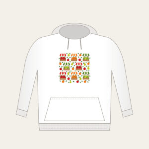 Fruit Crates and Striped Awnings Hoodie in white: Crates of apples, oranges and pears under striped awnings in red, orange and green on cream, balanced for little ones.