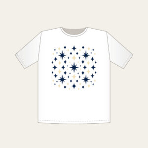 Navy and Cream Diamonds and Stars T-Shirt in white: Diamonds and stars repeat across the artwork in navy and cream.