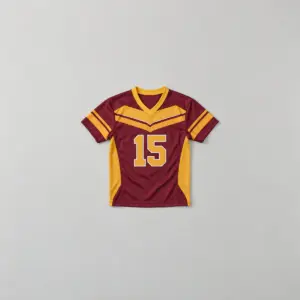 Youth Mesh Football Jersey with Shield Stripes with shield-shaped stripes across the chest in maroon and gold with number "15"