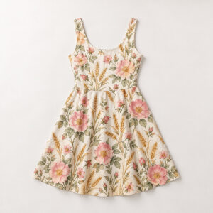 Prairie Rose Sleeveless Dress with all-over prairie roses and wheat stalks in rose, gold and sage on cream