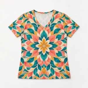 Petal Kaleidoscope V-Neck Tee with all-over symmetrical petal mosaics in coral, teal, mustard and cream
