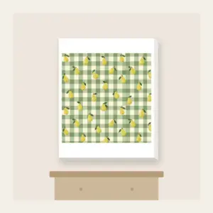 Green Gingham with Scattered Pears Canvas Print in white: Green and cream gingham checks with small pears scattered between.