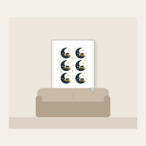 Crescent Moon with a Stack of Books Fleece Blanket in white: A crescent moon holds a small stack of books among tiny stars in navy and gold.
